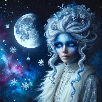 The primary subject of the image is a woman with white hair, blue eyes, and a white dress. She is wearing a white veil and has a blue streak in her hair. The setting is a night sky with a moon visible in the background. The visual style is a digital art or illustration, creating a surreal and dreamy atmosphere. The colors and mood are predominantly blue, with the woman's blue eyes and white dress adding to the overall serene and ethereal ambiance.
